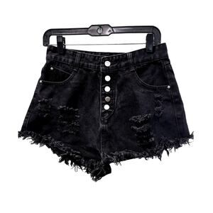 SHEIN Women's Black Fringe Bottom High Waisted Distressed Denim Shorts Sz M